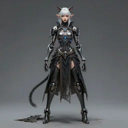 beautiful female elf - catgirl cyborg cyberpunk dark fantasy girl character full - length image, concept art futuristic norse, anime art, intricate details, highly detailed photorealistic portrait in the style of adam hughes, seseon yoon, artgerm and warren louw
