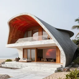 curved roof planes lift and descend creating shade and architectural expression, highly detailed, beach house, marble, vivid color, high resolution photography, mist, luxury house