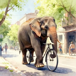 a beautifuly intricate watercolor, low angle wide shot, street scene, elephant cycling on the street, volumetric lighting, beautiful, day time, spring, sunny weather, sharp focus, highly detailed, photorealistic, 4 0 0 0 k, f 1. 4, cgsociety, by greg rutkowski, by alphonse mucha, by james jean, by rossdraws, by frank fran