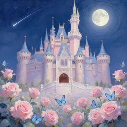 rococo painting of a castle, pastel roses and blue butterflies in the foreground, night time, the moon on the top right, shooting star, volumetric lighting, realistic, fantasy, pastel, symmetrical, digital painting, in the style of kehinde wiley, alphonse muca, artem demura