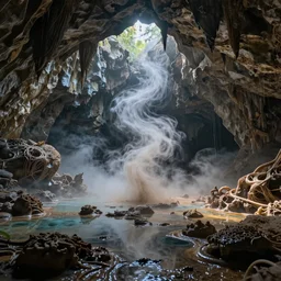 expansive caves filled with emerging biodiversity water vapour rising from the pools of liquid, dusk light illuminates dappled areas , volumetric light  feedback loop , burst of powders ,detailed entangled fibres ,volumetric lighting, twisting vapour, bellowing dust , full colour , upscale , 4k