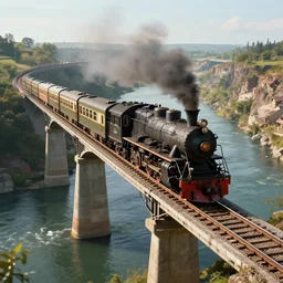 a 3 d render of a realistic looking train on a bridge crossing a large river valley steam train, highly detailed, hyperealistic, cinematic lighting, rule of thirds, wide perspective, 8 k textures, insane detail, octane render, 3 d, train,, choo choo