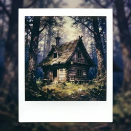 old polaroid of of an old abandoned witches log cabin in a fantasy forest from the witcher by greg rutkowski and kalin popov, trending on artstation, masterpiece,