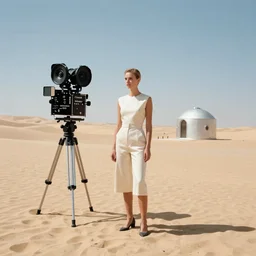 Cinestill 800t, 8K, 35mm; beautiful ultra realistic minimalistic syd mead in space(1950) film still desert scene, 2000s frontiers in retrofuturism fashion magazine September hyperrealism moebius edition, highly detailed, extreme closeup three-quarter scene, tilt shift LaGrange point orbit background, three point perspective, focus on two android models in blade runner style blimp;sunflare;back to camera, soft lighting