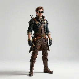 dashing steampunk inventor with goggles, cinematic studio photo, full body, standing, isolated on a pure white background, centered, whole figure in frame, sharp focus, studio lighting