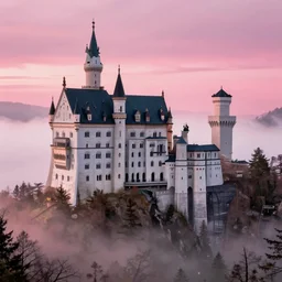 a fairytale castle on a hill in the forest pink fog envelops the castle landscape, cinematic view, epic sky, detailed, concept art, low angle, high detail, warm lighting, volumetric, godrays, vivid, beautiful, trending on artstation, by jordan grimmer, huge scene, grass, art greg rutkowski