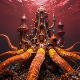 hyperrealistic ornate underwater bio-synthetic city of atlantis on giant orange and yellow cyborg tentacles matte painting concept art alex grey hajime sorayama cinematic soft red lighting low angle hd 8k sharp shallow depth of field