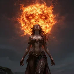 lilith the mother of all monsters swallows the sun, fire in her eyes, hyperrealistic digital art masterpiece, highly detailed anka zhuravleva lee madgwick, dramatic lighting, long shot, wide angle, uhd 8 k, sharp focus