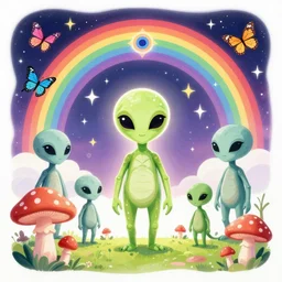 psychedelic aliens, enchanted alien world, mushrooms on the ground, aliens, galaxy in the sky, butterflies, occult, illuminati, third eye, rainbows, bright colors, psychedelic, vector art, honeycomb, dripping, fire, high contrast, fantasy poster by helen huang and frank frazetta and salvador dali and norman rockwell, anime style, 4 k