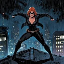 in the style of phil noto comic art, joshua middleton comic art, peyton list black widow on a rooftop, symmetrical eyes, rain, night, rain, symmetrical, action pose, phil noto