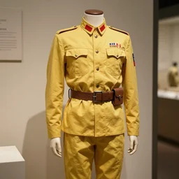 the film still photographed image is a vintage military uniform from the 1 9 5 0 s. the ensemble is inspired by yellow princess aesthetic. it is displayed on a mannequin in a museum exhibit.