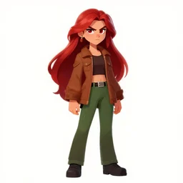 full-body shot of an attractive tomboy girl with long, crimson red hair and red eyes, wearing a brown, open jacket and green jeans with a stern look, concept art, character design, by WLOP, by Ross Draws