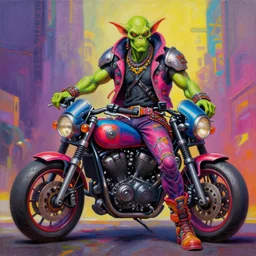 a scifi post apocalyptic orc biker, street fashion pose, psychedelic vibrant colors, futuristic punk rock fashion, oil painting by michael whelan art, sharp focus, realistic, highly detailed, 8 k