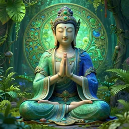 peaceful content gardenpunk bodhisattva, praying meditating, greens and blues, intricate clothing, WLOP digital art artstation, portrait art by artgerm and greg rutkowski and alphonse mucha, HDR, cinematic, vibrant colors, photo realistic, hyperrealism, high detail, matte finish, high contrast, 3d depth, masterpiece, vivid colors