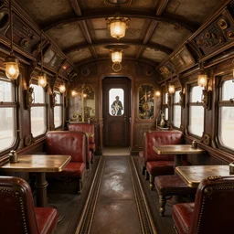 steampunk train wagon interior, 3d scene, Greg Rutkowski, Enki Bilal, zenith view