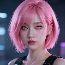 portrait beatiful girl with short pink hair and glowing eyes, cyberpunk, cinematic, unreal engine, 4k, realistic, wallpaper
