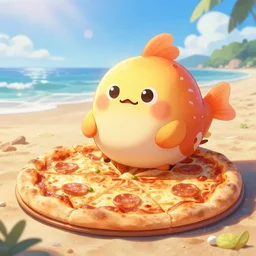 beautiful digital fantasy illustration of a pizza blobfish on the beach, hyper realistic render, light shining through, by petros afshar and chiho aoshima
