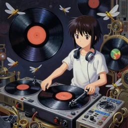 surreal gouache painting, by yoshitaka amano, by ruan jia, by Conrad roset, by good smile company, detailed anime 3d render of a Magical flying Vinyl records , DJ Mixer, deck   surrounded by Dragonflies, Vinyl records, controller, portrait, cgsociety, artstation, rococo mechanical and Digital  and electronic, dieselpunk atmosphere