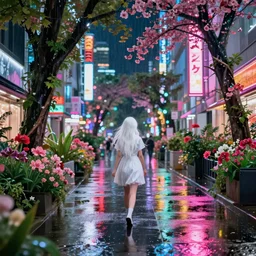 white haired girl walking in a vibrant flooded tokyo at night, rainy day, neon lights lots of trees, dense vegetation,,, volumetric lighting, exposure ambient lighting, blooming flowers,, cinematic, subtle, vibrant colors, photo, ultra realistic, hyper realistic, extreme detail,, 4 k, 8 k, hdr,