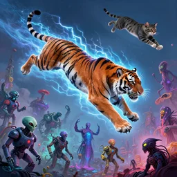 tiger made of electricity flying in the sky ; cat flying in the sky ; panther flying in the sky ; humans being devoured ; aliens, robotic machines, gods, bio - mechanical intelligences, glitch creatures, dmt entity ; lsd art, trending on artstation, style greg rutkowski