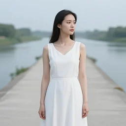 a beautiful woman looking to the right side wearing a white dress, river in the background, serene scene, soft lighting, complementary colors, anatomically correct, five fingers, matte painting, centered, symmetrical, low contrast, heaven, path traced, highly detailed, high quality, 4 k, hyperrealistic, soft colors, beautiful landscape, realistic and defined face