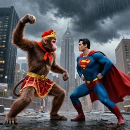 monkey king fight against superman, in city, heavy storm