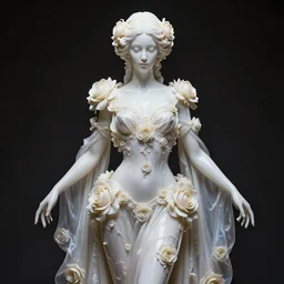 neoclassical professional photorealistic closed detailed portrait of one wonderful symmetrical liquid albino goddess with a beautiful porcelain body dressed with a majestic semi transparent silk cream roses long dress, hightly ornate, intricate, detailed, dramatic light, award winning, octane render, meredit frampton style