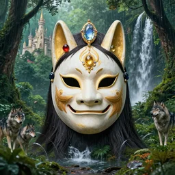 hyper realistic Princess Mononoke in her mask, lush rainy forest landscape, wolves, magic, castle, jewels, style of tom bagshaw, mucha, james gurney, norman rockwell, gems and gold, waterfalls, denoised, sharp,