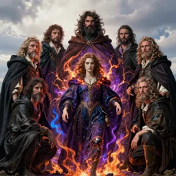 darker blight of hopeful sins by whelan, driben, massys, hubert robert, staples, burdisio, brom, deharme, swanland, beautiful, mythical, cloak, robe, highly detailed, hyperrealistic, intricate, energy, orange and purple electricity, blue flame, low light, high contrast, lifelike, bright sky