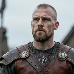 a 9 th century viking, extremely pronounced masculine features, leather armor with nordic religious decorations, low dutch angle, face in focus, natural lighting, realism, nordic facial structure, muscular