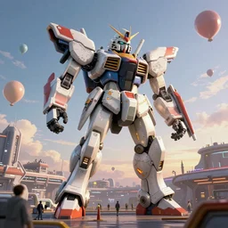 a beautiful hyperrealistic ultradetailed 3 d render of a gigantic mecha guarding a sci - fi spaceport, by makoto shinkai : 3, mech, unreal engine, octane render, gigantic, unreal engine, octane render, 3 d, brilliantly coloured, intricate, ultra wide angle, trending on artstation, dusk, volumetric lighting, hdr, polished, micro details, ray tracing, 8 k : 2, people, sphere, balloon, blurry, blur, depth of field, dof, bokeh, obscured, macro : - 1