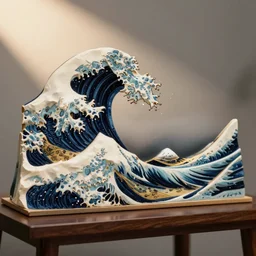 a diorama of a wave on a table in the style of The Great Wave off Kanagawa