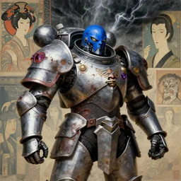 composition of symbolisme and futuristic, warhammer, cyber japan style armor, more and more scars, thunderstorm, blue head, earth eyes, some purple and red, the middle ages, highly detailed, artstation, in the style of moebius, jugendstil and classic japanese print, art by rene magritte and jean delville