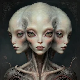 female alien, dystopian surrealism, artstyle alex ries and zdzisław beksinski, symmetry accurate features, very intricate details, high resolution, 4 k