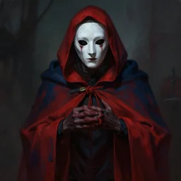 sickly man in white mask, red and dark blue cloak, creepy, filthy, pestilence highly detailed, digital painting, artstation, smooth, hard focus, illustration, art by artgerm and greg rutkowski and alphonse mucha