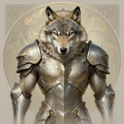 symmetry!! portrait of a wolf, sci - fi armour! muscular, fantasy, intricate, elegant, highly detailed, digital painting, artstation, concept art, smooth, sharp focus, illustration, art by artgerm and greg rutkowski and alphonse mucha