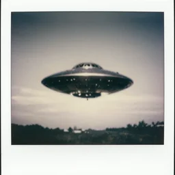 polaroid photograph of ufo taken in the sky, hanebau, 1 9 5 0 s, black and white, blurry
