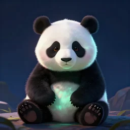 cute panda, glowing retro colours,  dark blue background, digital painting