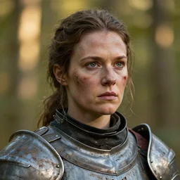 head and shoulders portrait of a female knight, dirty armor, lightly dirty face, light blood spatter, detailed face, photography by jimmy nelson, golden hour, forest, hq