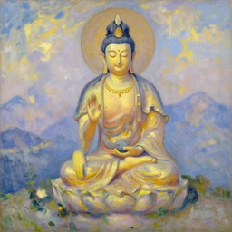 buttery mountain delighted bodhisattva, impressionist painting by claude monet