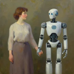 centered oil painting of a human and robot holding hands, octane rendering, trending on artstation, thomas kinkade and james gurney