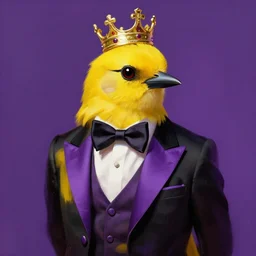 an elegant yellow bird wearing a crown and a bow tie, purple hair, black and purple suit, purple background, very beautiful, artstation, high quality, sharp, hyperrealistic, dramatic lighting, loose brush strokes, by greg rutkowski, by artgerm, by alphonse mucha
