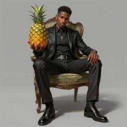 a ground-level view wide angle shot of Calvin Cordozar Broadus Jr. sitting in a chair, showing a pineapple to the camera, D&D, fantasy, elegant, badass, highly detailed, slim, digital painting, artstation, concept art, sharp focus, illustration
