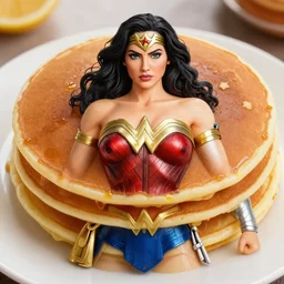 a photorealistic photograph of a pancake designed to look like womder woman. bright scene. fine detail. this 4 k hd image is trending on artstation, featured on behance, well - rendered, extra crisp, features intricate detail, epic composition and the style of unreal engine.