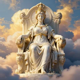 Roman goddess on an ornate marble throne surrounded by heavenly clouds, beautiful face, intricate artwork. octane render, trending on artstation, Greg Rutkowski, golden hour, symmetrical, very coherent, cinematic, hyper realism, high detail, vibrant
