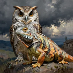 concept art painting of an owl iguana, by james gurney and greg rutkowski