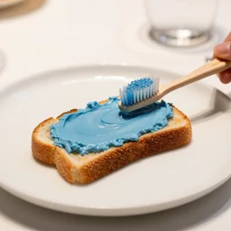 elegant and fancy food photography of dish consisting of a toast with spreaded blue toothpaste and a toothbrush in a michelin star restaurant,