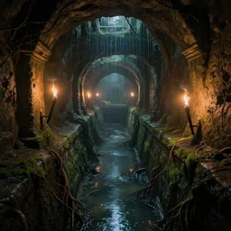 inside the ancient flooded sewers in the old part of the city. fantasy art, adventure, dripping water, standing water, channel, stagnant water, roots, musty, moss, sewage, dark, underground, abandoned spaces, torch - lit. by peter jones and alan lee