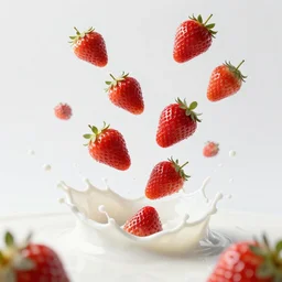 many strawberries falling through white milk, splashes, advertising photo, highspeed photo, studio lighting