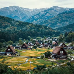a japanese village high in mountains, detailed landscape, symmetry, landscape concept by moebius and laurie greasley, fantastic landscape, 8 k, cinematic color grading